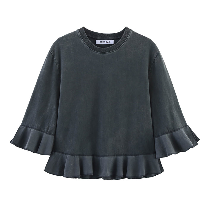 Damen avslappnad t-shirt med flytande volang och rund halsringning Mirla-Eva Jonsson