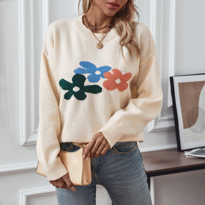 Damen avslappnad tröja med blommönster och rund hals Mirla-Eva Jonsson