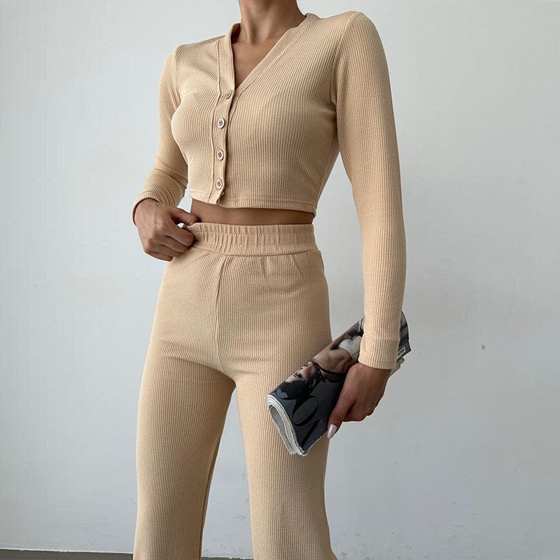 Damen avslappnad tvådelad set av ribbad tyg med cropped topp och vida byxor Eva Jonsson-Eva Jonsson