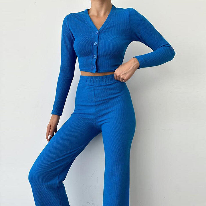 Damen avslappnad tvådelad set av ribbad tyg med cropped topp och vida byxor Eva Jonsson-Eva Jonsson