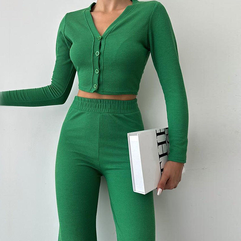 Damen avslappnad tvådelad set av ribbad tyg med cropped topp och vida byxor Eva Jonsson-Eva Jonsson