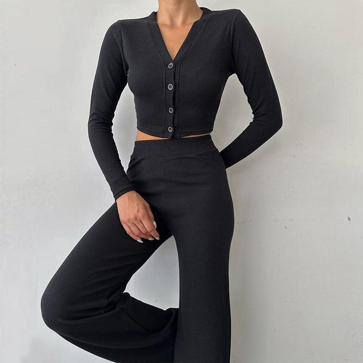 Damen avslappnad tvådelad set av ribbad tyg med cropped topp och vida byxor Eva Jonsson-Eva Jonsson