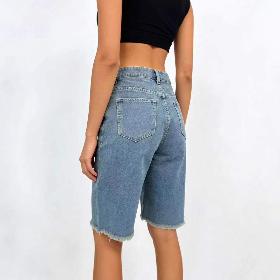 Damen avslappnade denimshorts med fransade fållar och hög midja Mirla-Eva Jonsson