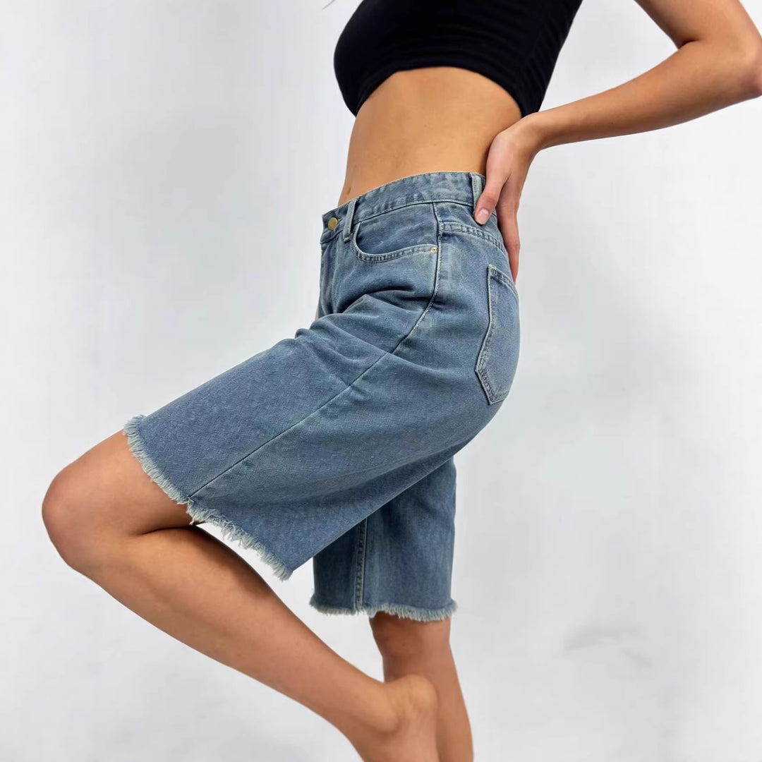 Damen avslappnade denimshorts med fransade fållar och hög midja Mirla-Eva Jonsson