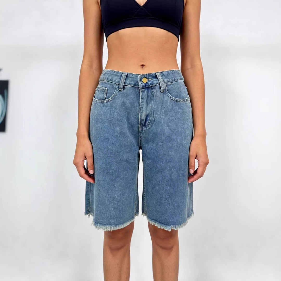 Damen avslappnade denimshorts med fransade fållar och hög midja Mirla-Eva Jonsson