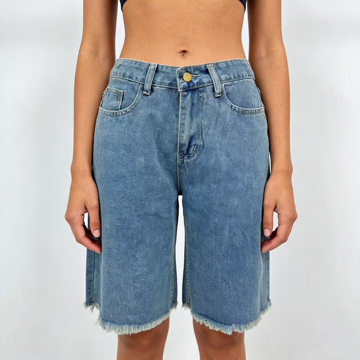 Damen avslappnade denimshorts med fransade fållar och hög midja Mirla-Eva Jonsson