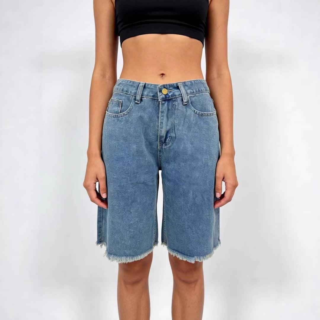 Damen avslappnade denimshorts med fransade fållar och hög midja Mirla-Eva Jonsson