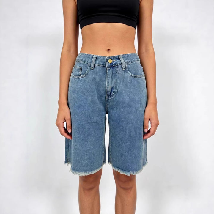 Damen avslappnade denimshorts med fransade fållar och hög midja Mirla-Eva Jonsson