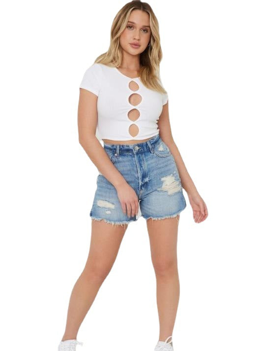 Damen avslappnade denimshorts med hög midja och fransad fåll Mirla-Eva Jonsson