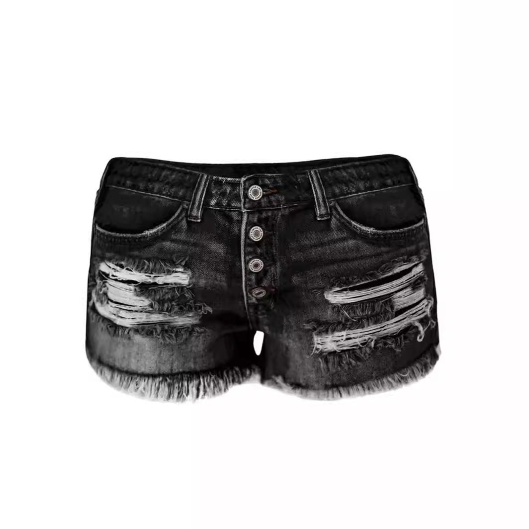 Damen avslappnade förstörda denimshorts med knappt detaljer och fransad fåll Mirla-Eva Jonsson