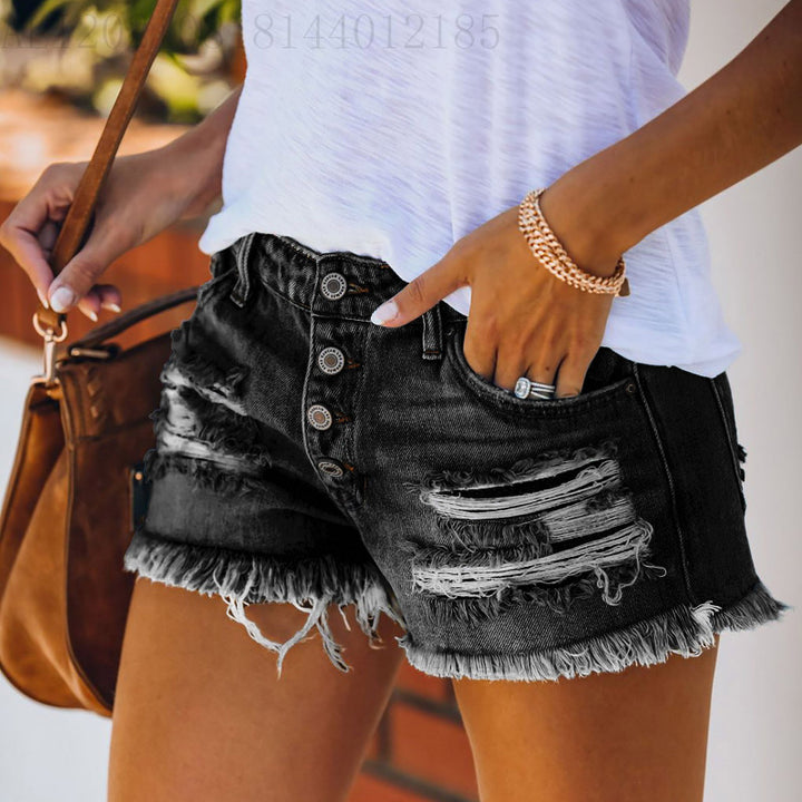 Damen avslappnade förstörda denimshorts med knappt detaljer och fransad fåll Mirla-Eva Jonsson