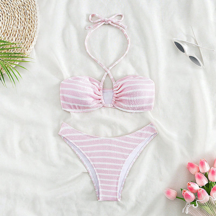 Damen bandeau bikini med tidlös randigt mönster och elegant snörning Mirla-Eva Jonsson