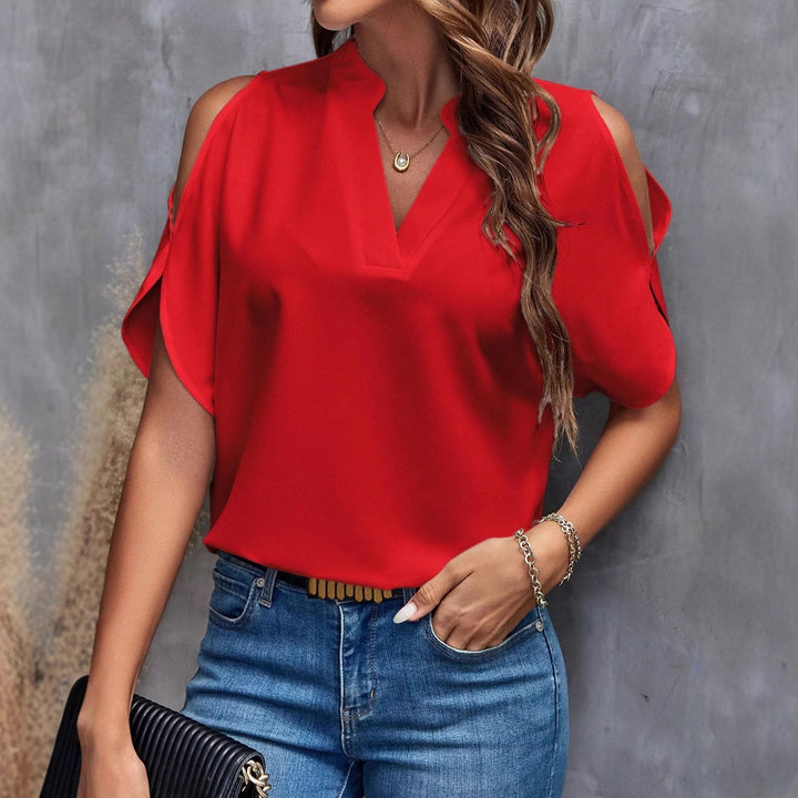 Damen blus med öppna axlar och elegant ståkrage Mirla-Eva Jonsson