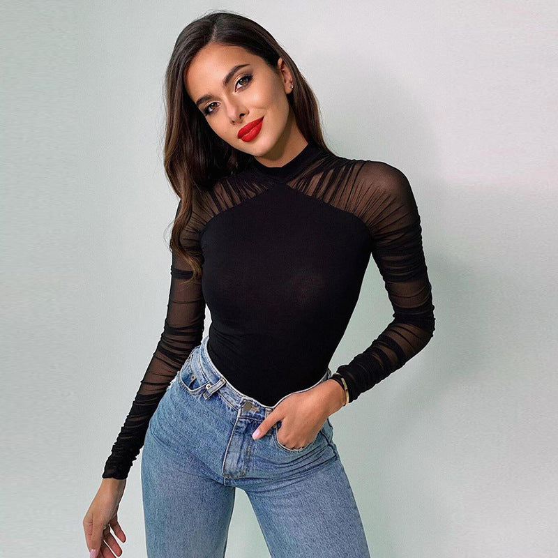 Damen body med genomskinliga ärmar och modern stålkrage Mirla-Eva Jonsson