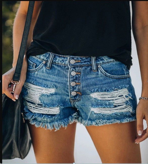 Damen casual Destroyed Jeans shorts with button placket and fringed hem Mirla-Eva Jonsson