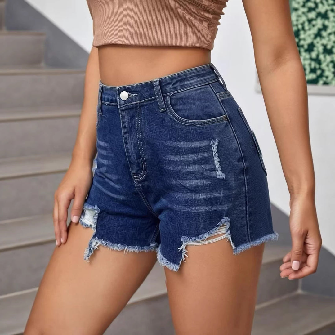 Damen casual Destroyed Jeansshorts mit hohem Bund und fransigen Abschlüssen Mirla-Eva Jonsson