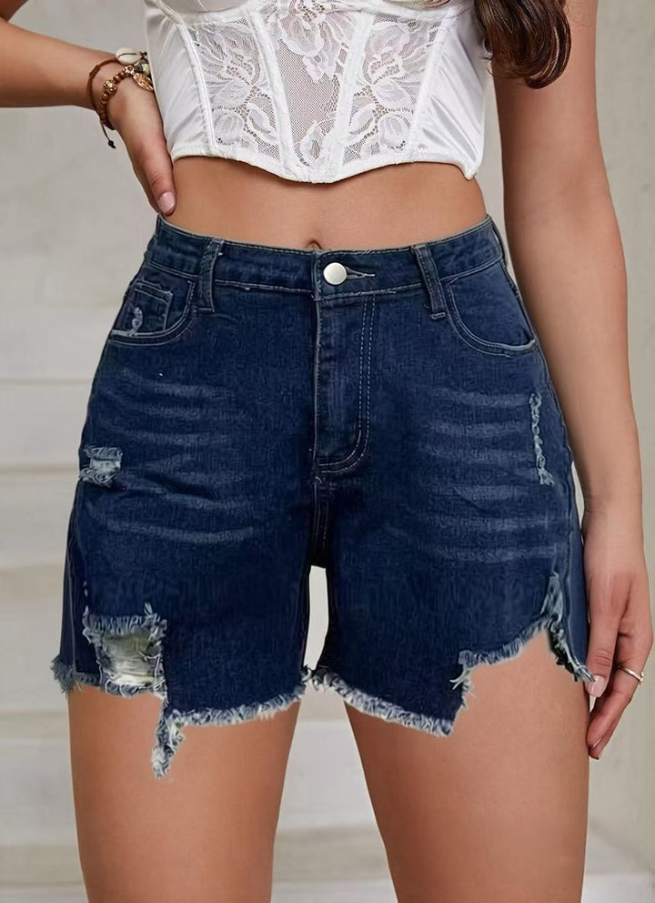 Damen casual Destroyed Jeansshorts mit hohem Bund und fransigen Abschlüssen Mirla-Eva Jonsson