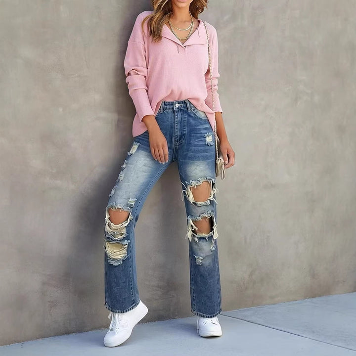 Damen casual Destroyed jeans med vid ben och trendiga slitdetaljer Mirla-Eva Jonsson