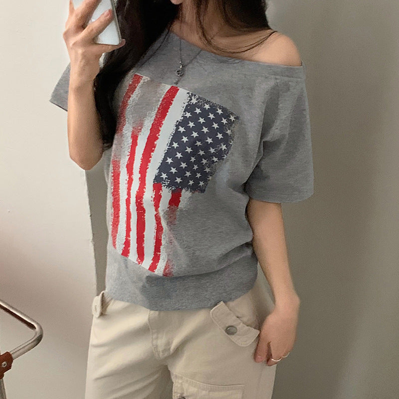 Damen casual T-shirt med amerikansk flagg-design och mjukt bomullsmaterial Mirla-Eva Jonsson