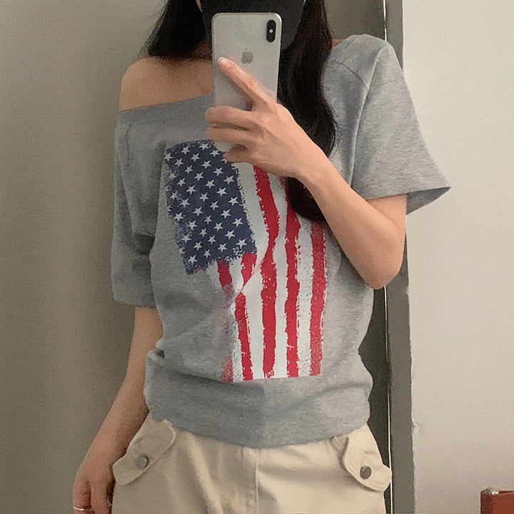 Damen casual T-shirt med amerikansk flagg-design och mjukt bomullsmaterial Mirla-Eva Jonsson