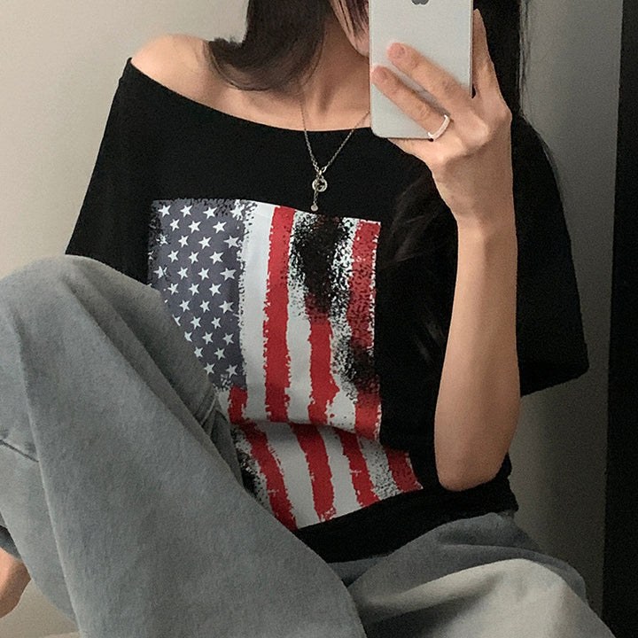 Damen casual T-shirt med amerikansk flagg-design och mjukt bomullsmaterial Mirla-Eva Jonsson