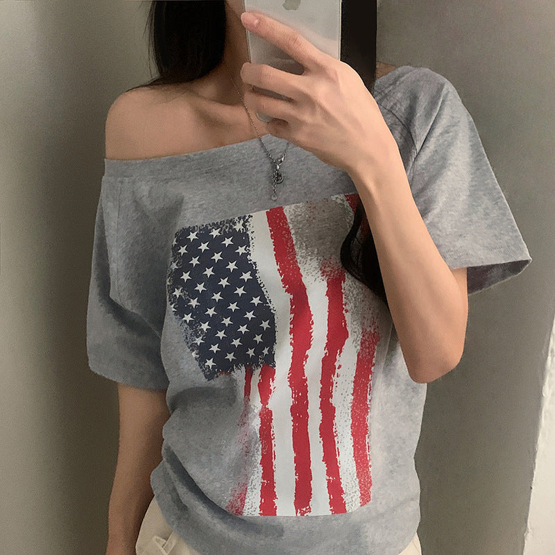 Damen casual T-shirt med amerikansk flagg-design och mjukt bomullsmaterial Mirla-Eva Jonsson