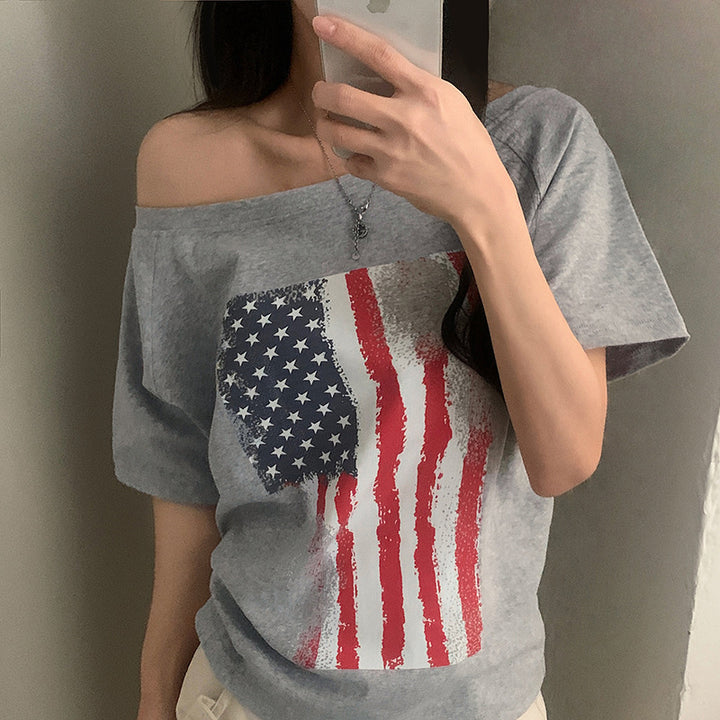 Damen casual T-shirt med amerikansk flagg-design och mjukt bomullsmaterial Mirla-Eva Jonsson
