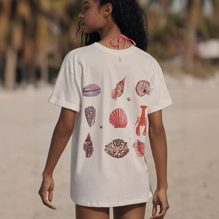 Damen casual T-shirt med maritimt snäcktryck och lös passform Mirla-Eva Jonsson