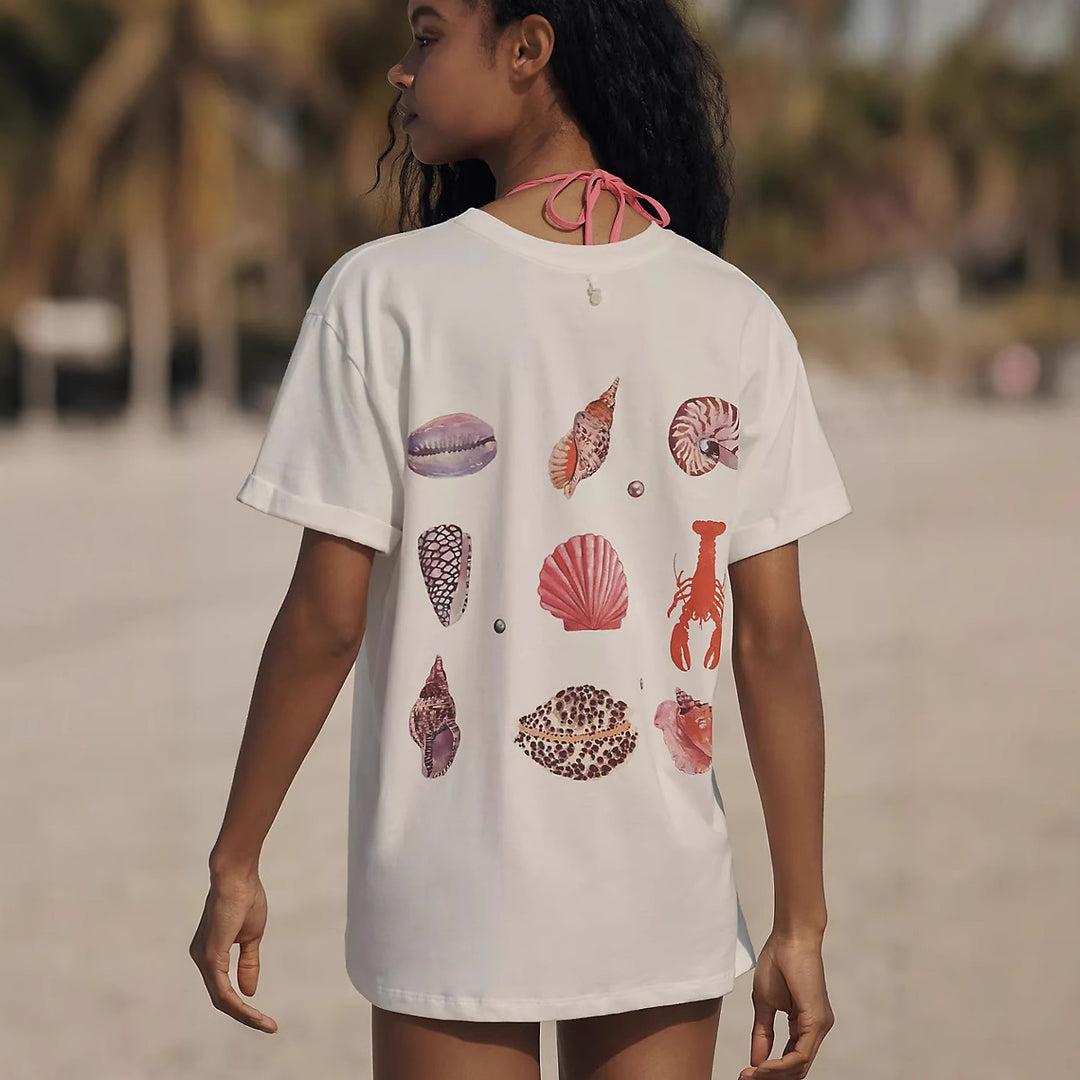Damen casual T-shirt med maritimt snäcktryck och lös passform Mirla-Eva Jonsson