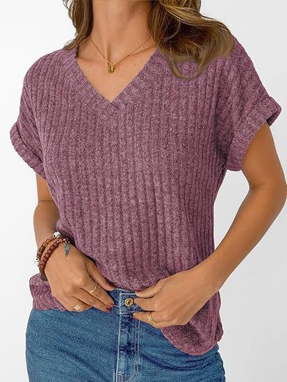Damen casual V-neck T-shirt with stripe texture Mirla-Eva Jonsson