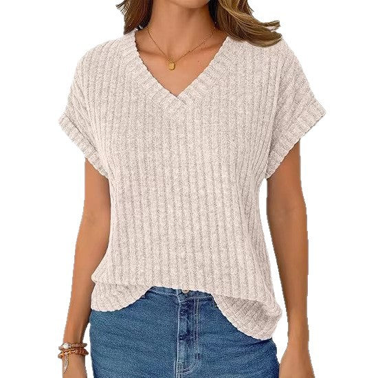 Damen casual V-neck T-shirt with stripe texture Mirla-Eva Jonsson