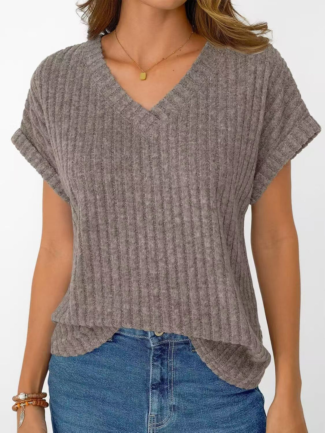 Damen casual V-neck T-shirt with stripe texture Mirla-Eva Jonsson
