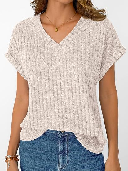 Damen casual V-neck T-shirt with stripe texture Mirla-Eva Jonsson