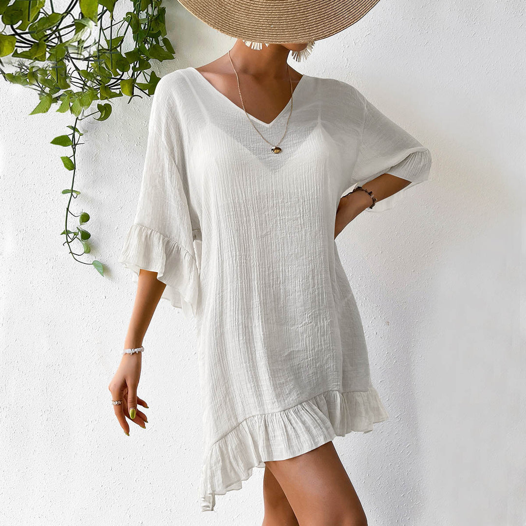 Damen casual beach dress with V-neck and ruffled hems Mirla-Eva Jonsson