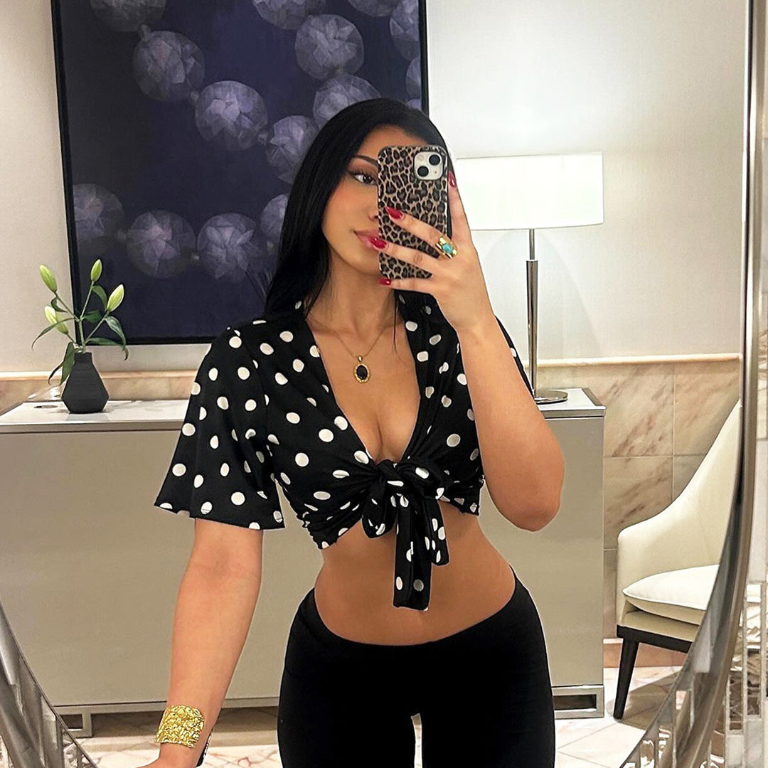 Damen casual blouse with large dots and tie belt Mirla-Eva Jonsson