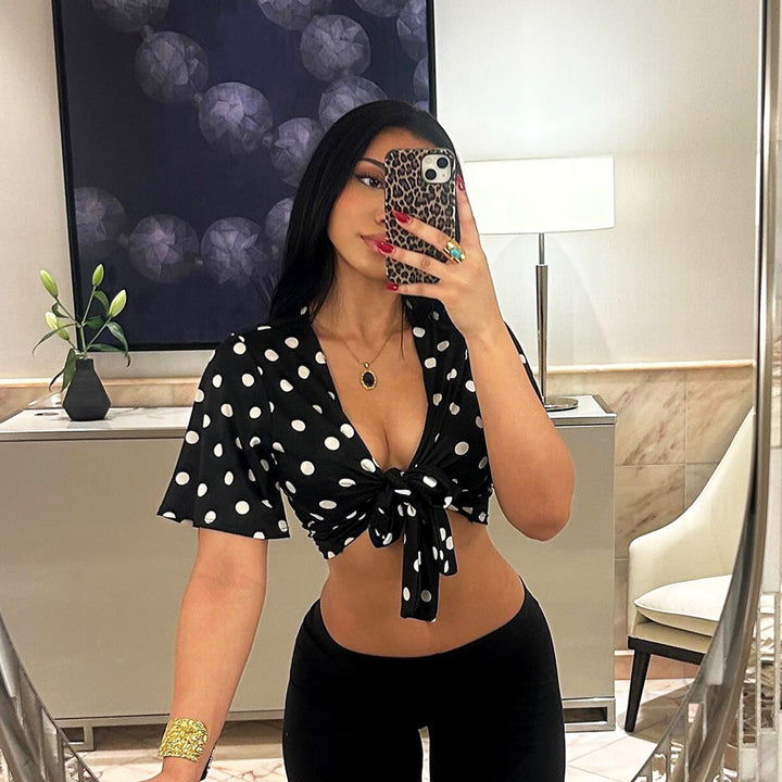 Damen casual blouse with large dots and tie belt Mirla-Eva Jonsson