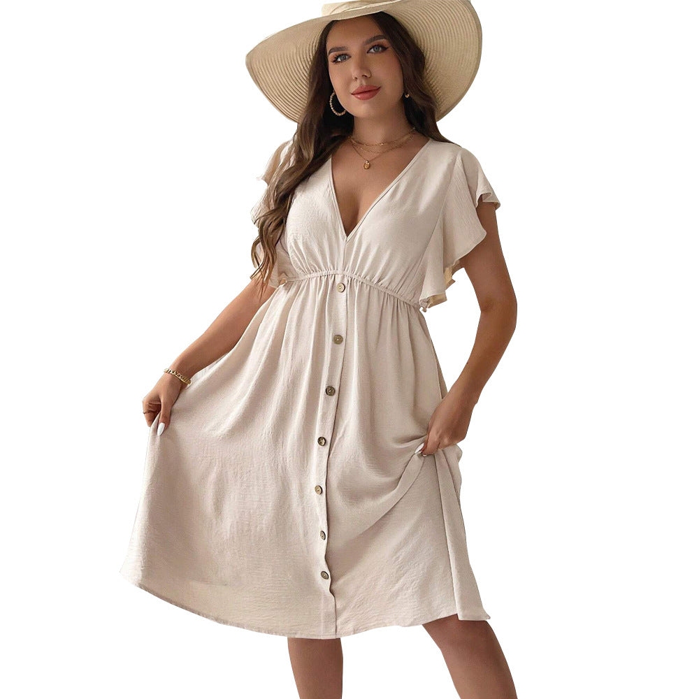 Damen casual button dress with V-neck and ruffle details Mirla-Eva Jonsson