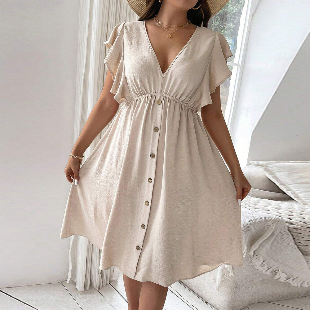 Damen casual button dress with V-neck and ruffle details Mirla-Eva Jonsson