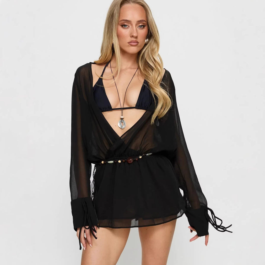 Damen casual chiffon blouse with deep V-neck and side ties Mirla-Eva Jonsson