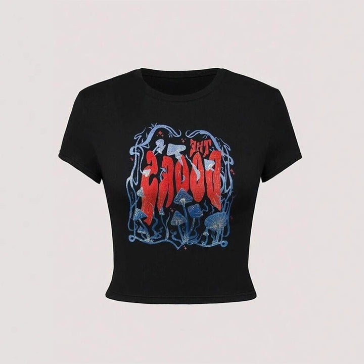 Damen casual crop t-shirt med kreativ grafikdesign Mirla-Eva Jonsson