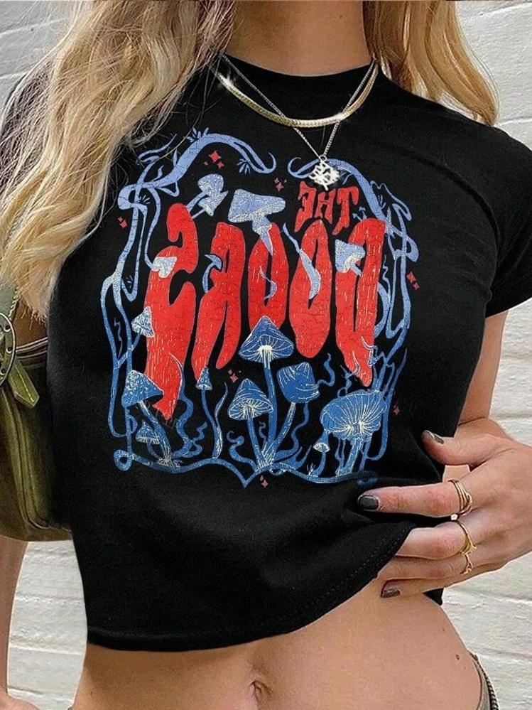Damen casual crop t-shirt med kreativ grafikdesign Mirla-Eva Jonsson