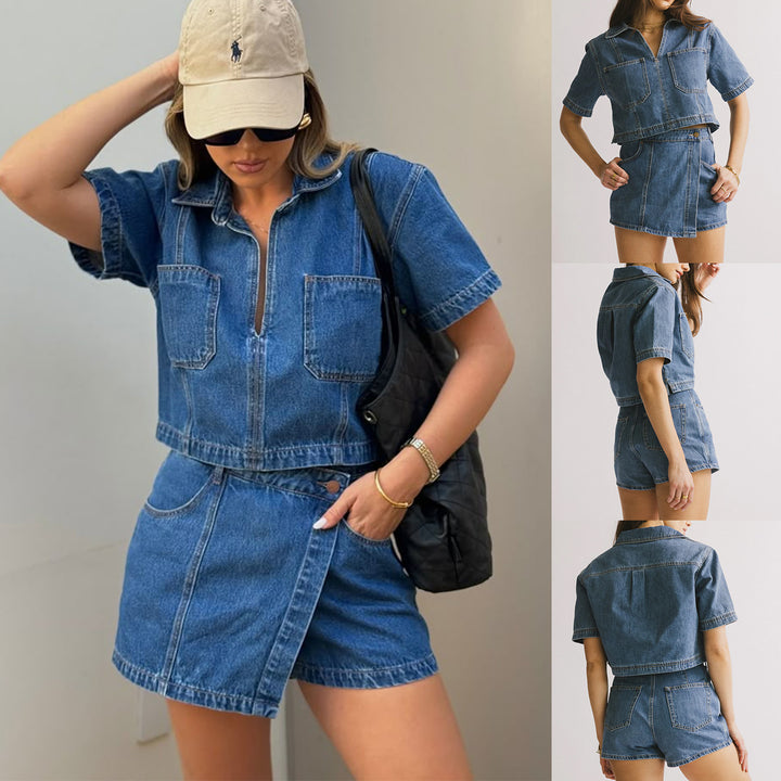 Damen casual denim short jacket set with matching skirt Mirla-Eva Jonsson