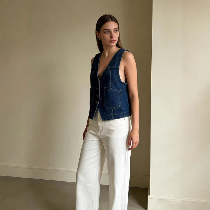 Damen casual denim vest with button details and patch pockets Mirla-Eva Jonsson