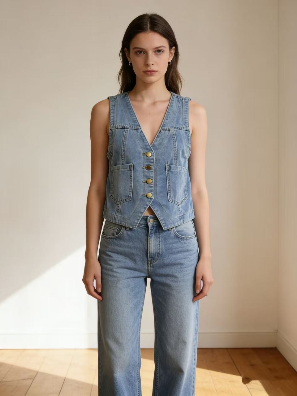 Damen casual denim vest with button details and patch pockets Mirla-Eva Jonsson