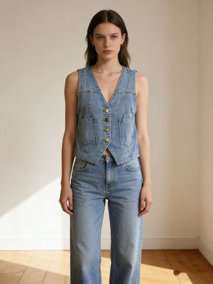Damen casual denim vest with button details and patch pockets Mirla-Eva Jonsson