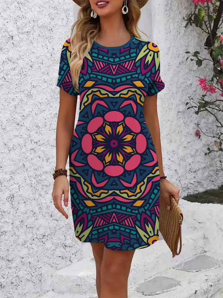 Damen casual flower dress with round neck and loose fit Mirla-Eva Jonsson