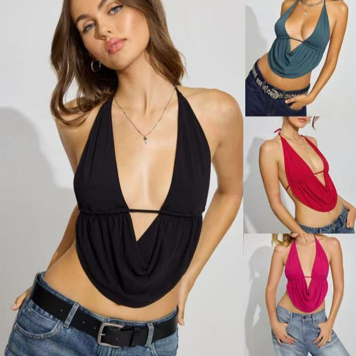 Damen casual halter top med djup V-ringning och asymmetrisk drapering Mirla-Eva Jonsson