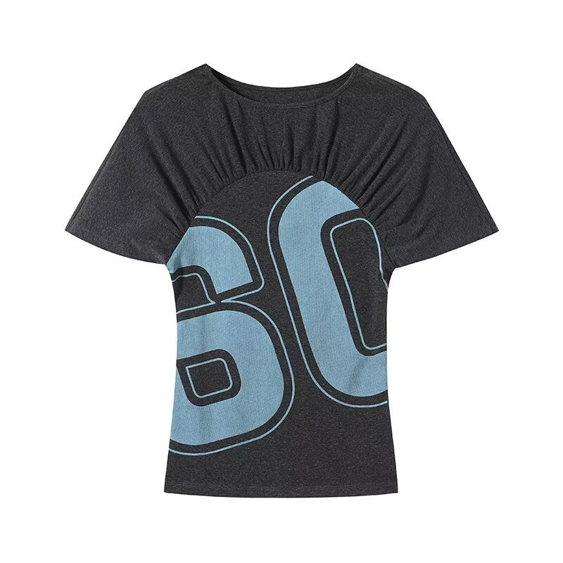 Damen casual kortärmad t-shirt med rynkning och grafisk tryck Mirla-Eva Jonsson