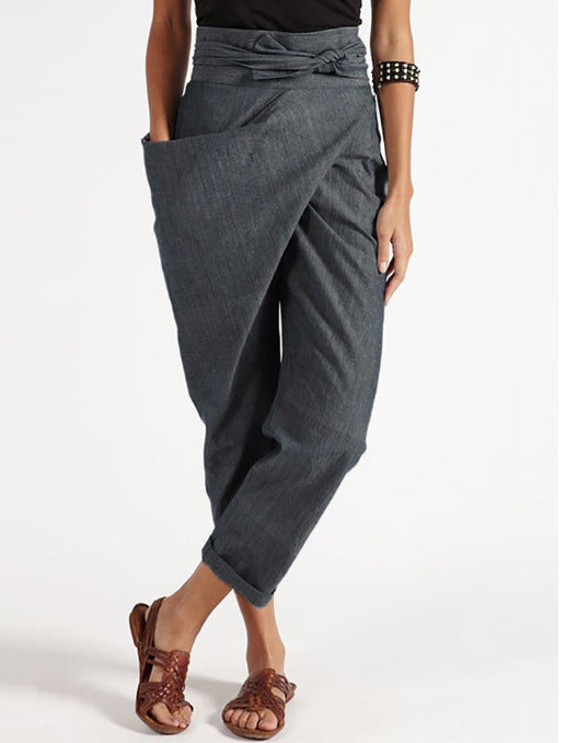 Damen casual linen harem pants with wrap look and elastic waistband Mirla-Eva Jonsson