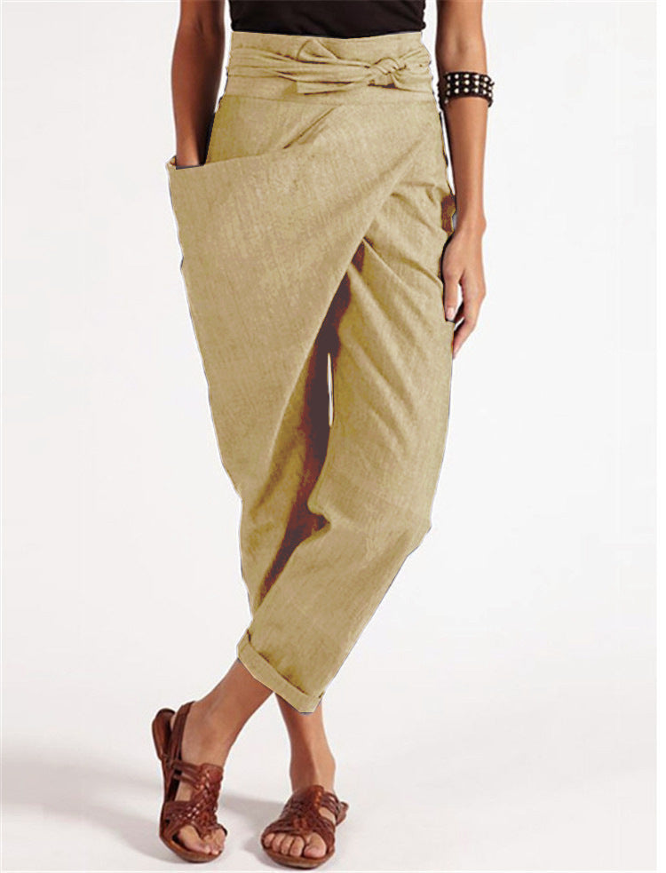 Damen casual linen harem pants with wrap look and elastic waistband Mirla-Eva Jonsson
